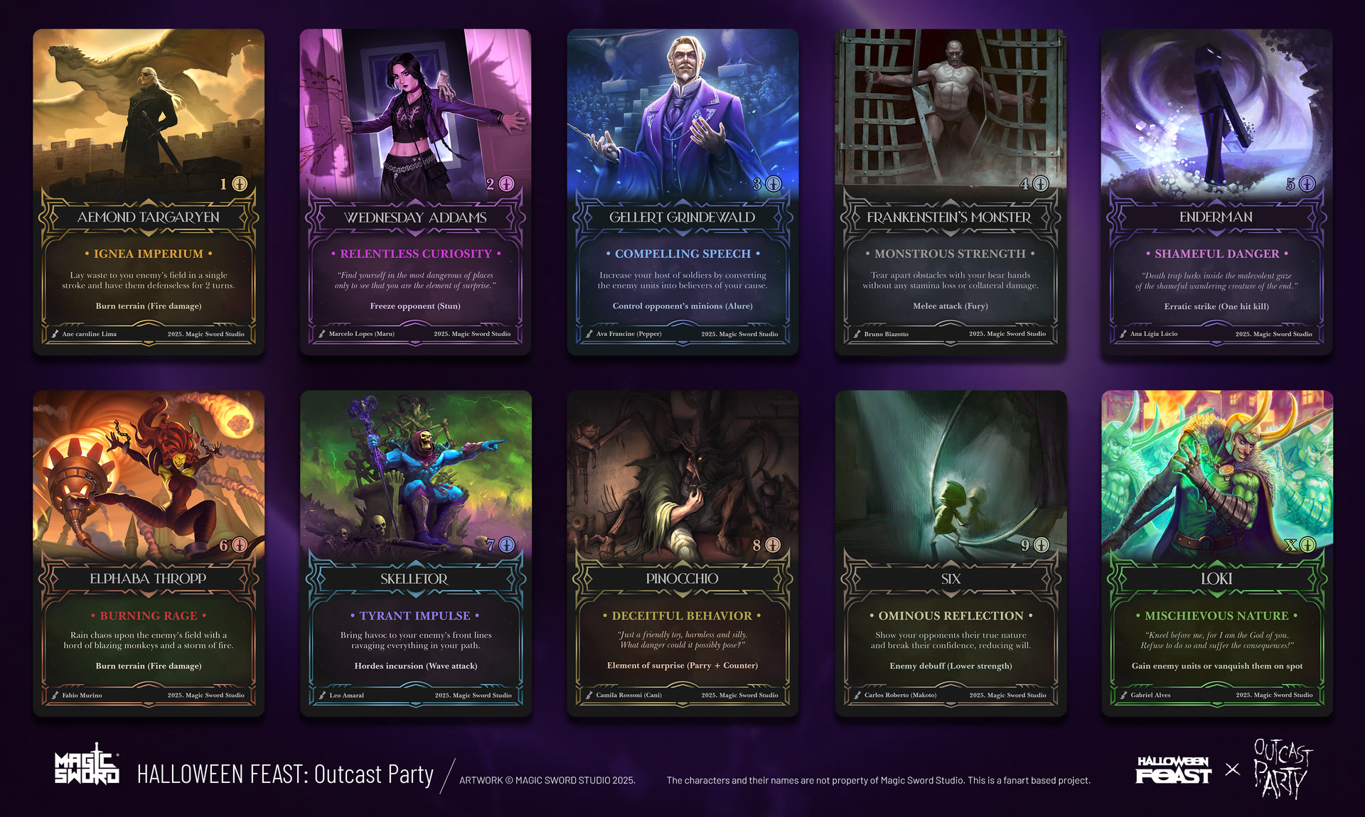 The complete Halloween Feast 2025 Outcast Party deck laid out, ten character cards by Magic Sword Studio